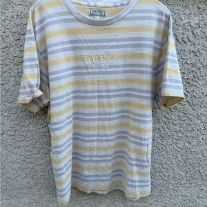 GUESS Men's Yellow and Gray Striped Tee